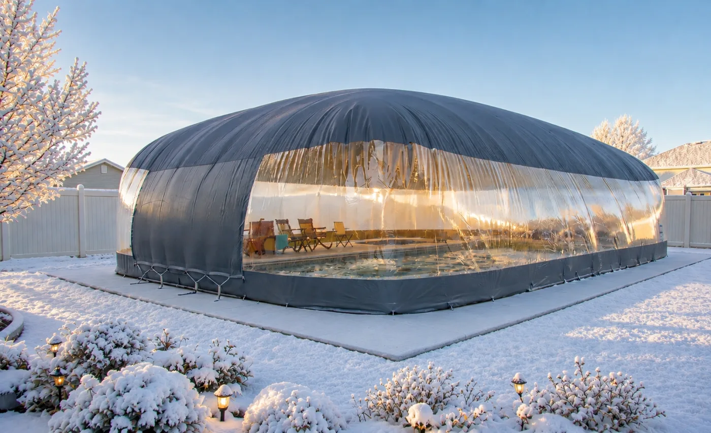 Air-supported pool dome enclosure glowing over a backyard swimming pool on a snowy winter evening